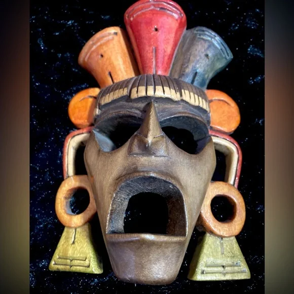 Hand Carved Mayan Wood Mask Aztec Incan Tribal Primitive Wall Decor - Picture 6 of 12
